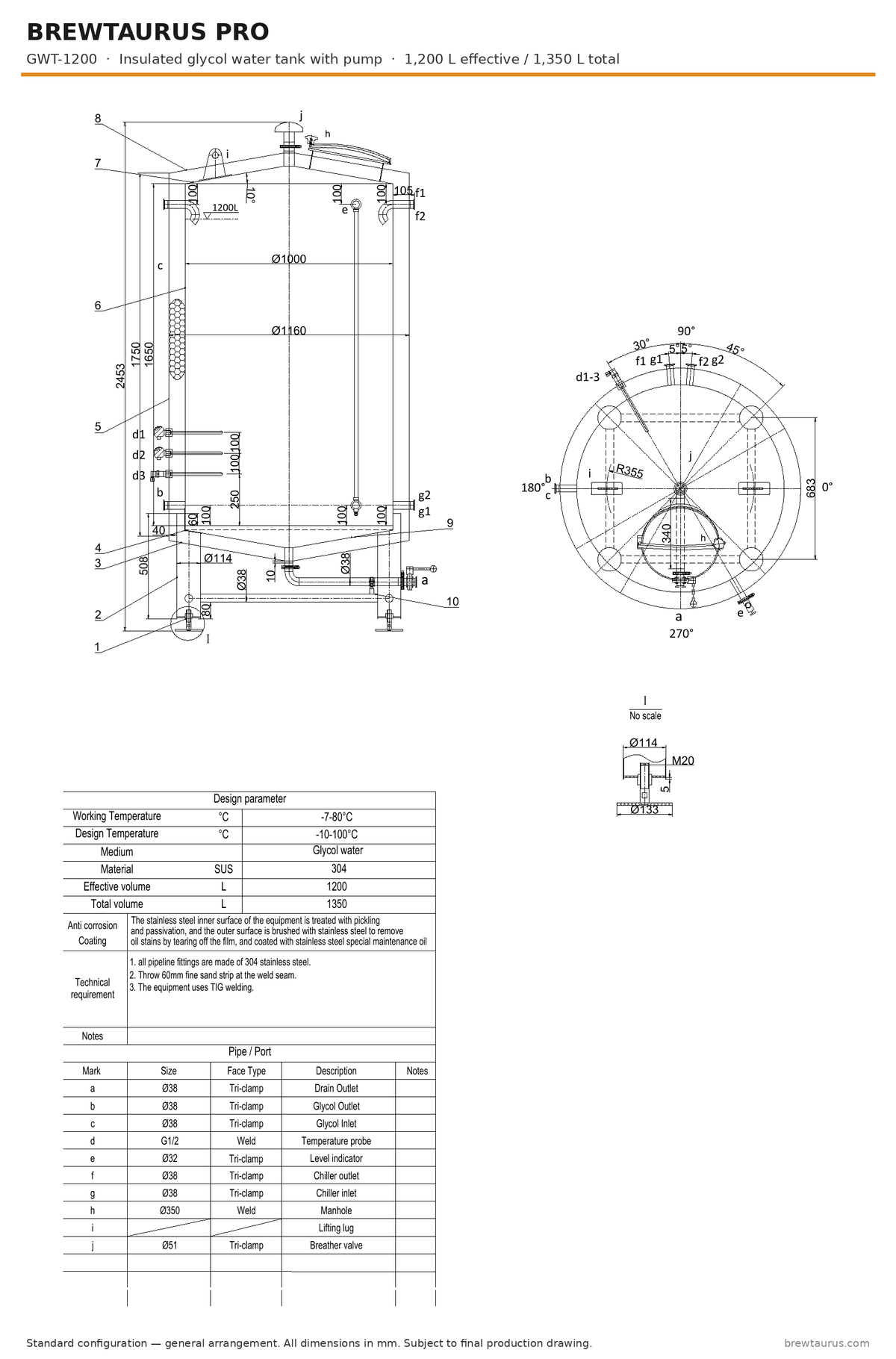 BrewTaurus PRO GWT-1200 insulated glycol water tank with pump — general arrangement drawing, 1,200 L