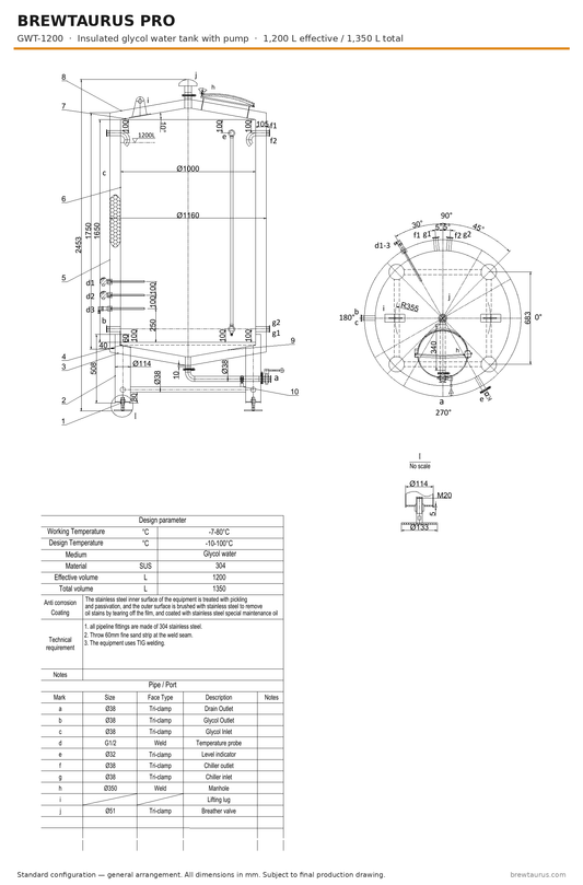 BrewTaurus PRO GWT-1200 insulated glycol water tank with pump — general arrangement drawing, 1,200 L