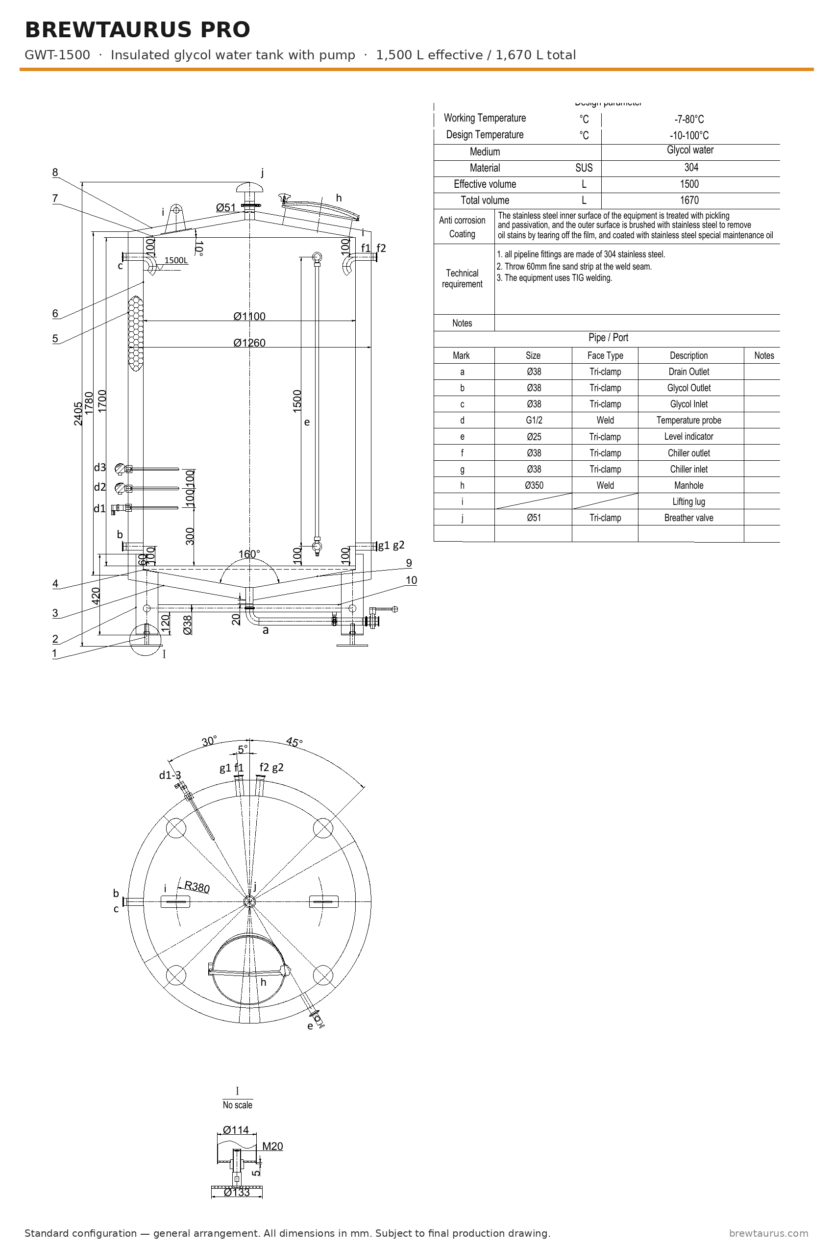 BrewTaurus PRO GWT-1500 insulated glycol water tank with pump — general arrangement drawing, 1,500 L