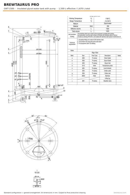 BrewTaurus PRO GWT-1500 insulated glycol water tank with pump — general arrangement drawing, 1,500 L