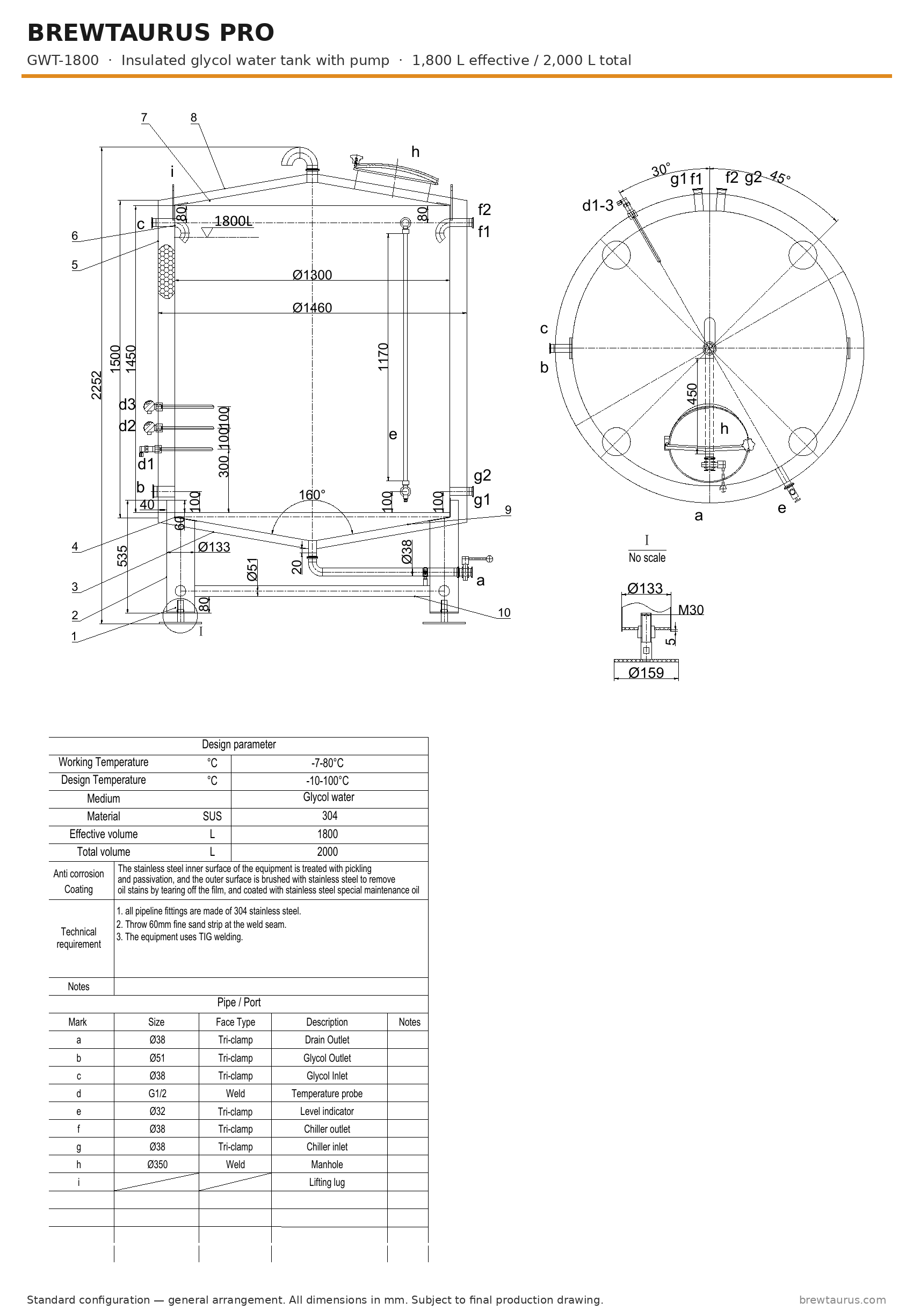 BrewTaurus PRO GWT-1800 insulated glycol water tank with pump — general arrangement drawing, 1,800 L