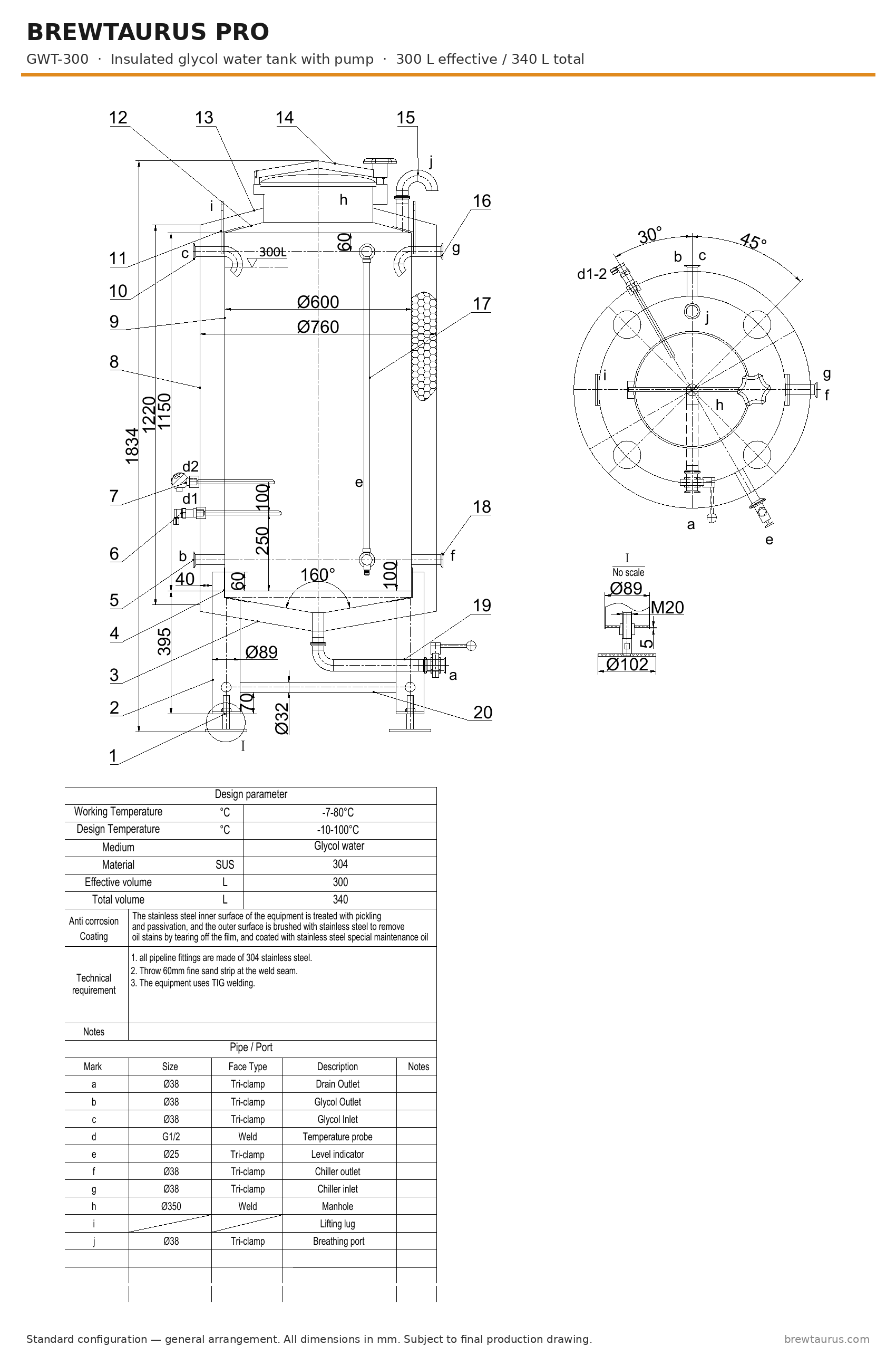 BrewTaurus PRO GWT-300 insulated glycol water tank with pump — general arrangement drawing, 300 L