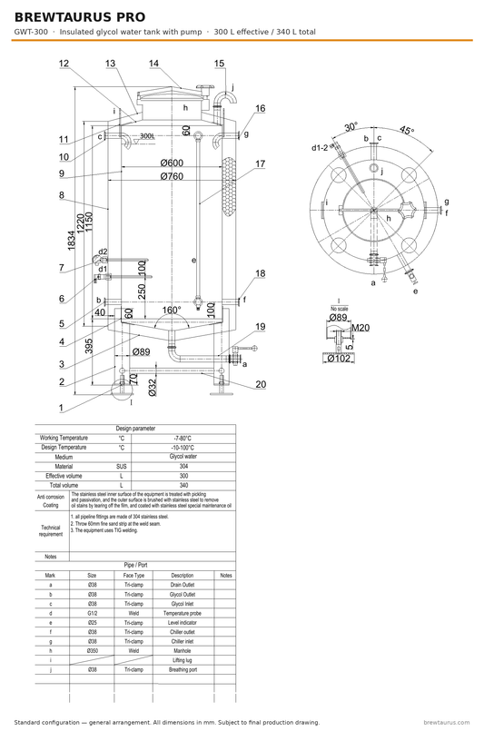 BrewTaurus PRO GWT-300 insulated glycol water tank with pump — general arrangement drawing, 300 L