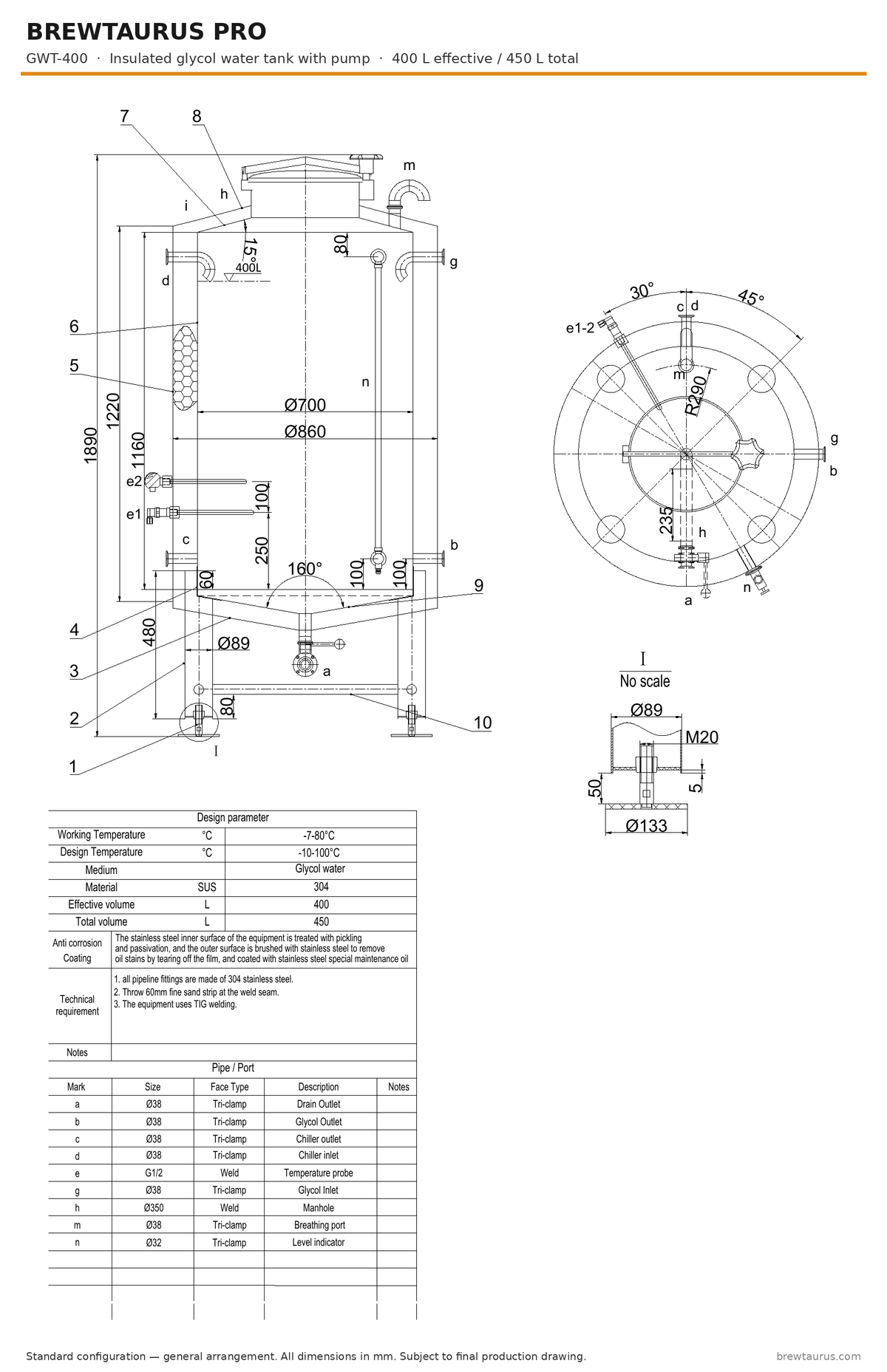 BrewTaurus PRO GWT-400 insulated glycol water tank with pump — general arrangement drawing, 400 L