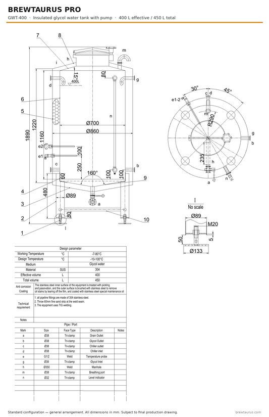 BrewTaurus PRO GWT-400 insulated glycol water tank with pump — general arrangement drawing, 400 L