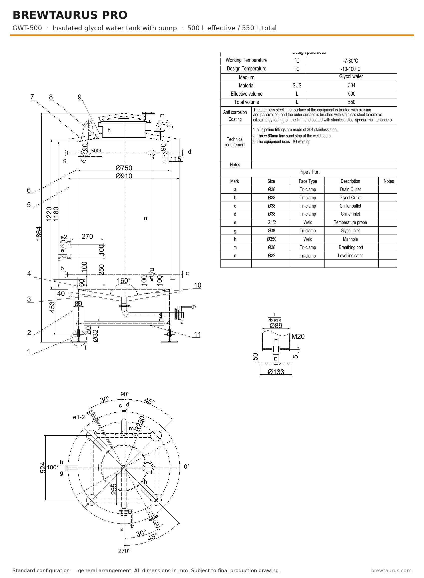 BrewTaurus PRO GWT-500 insulated glycol water tank with pump — general arrangement drawing, 500 L
