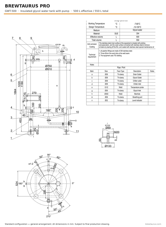 BrewTaurus PRO GWT-500 insulated glycol water tank with pump — general arrangement drawing, 500 L