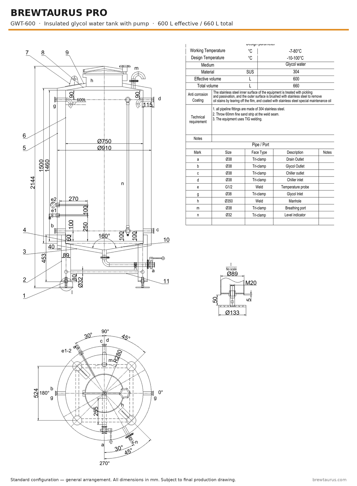 BrewTaurus PRO GWT-600 insulated glycol water tank with pump — general arrangement drawing, 600 L
