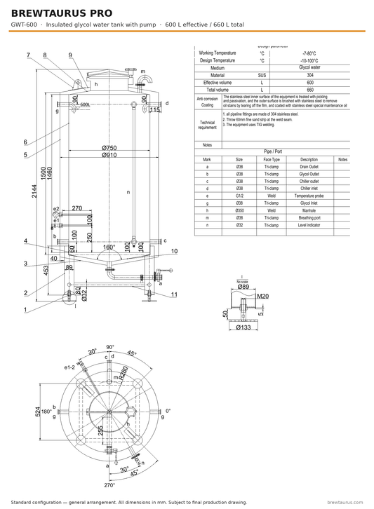 BrewTaurus PRO GWT-600 insulated glycol water tank with pump — general arrangement drawing, 600 L