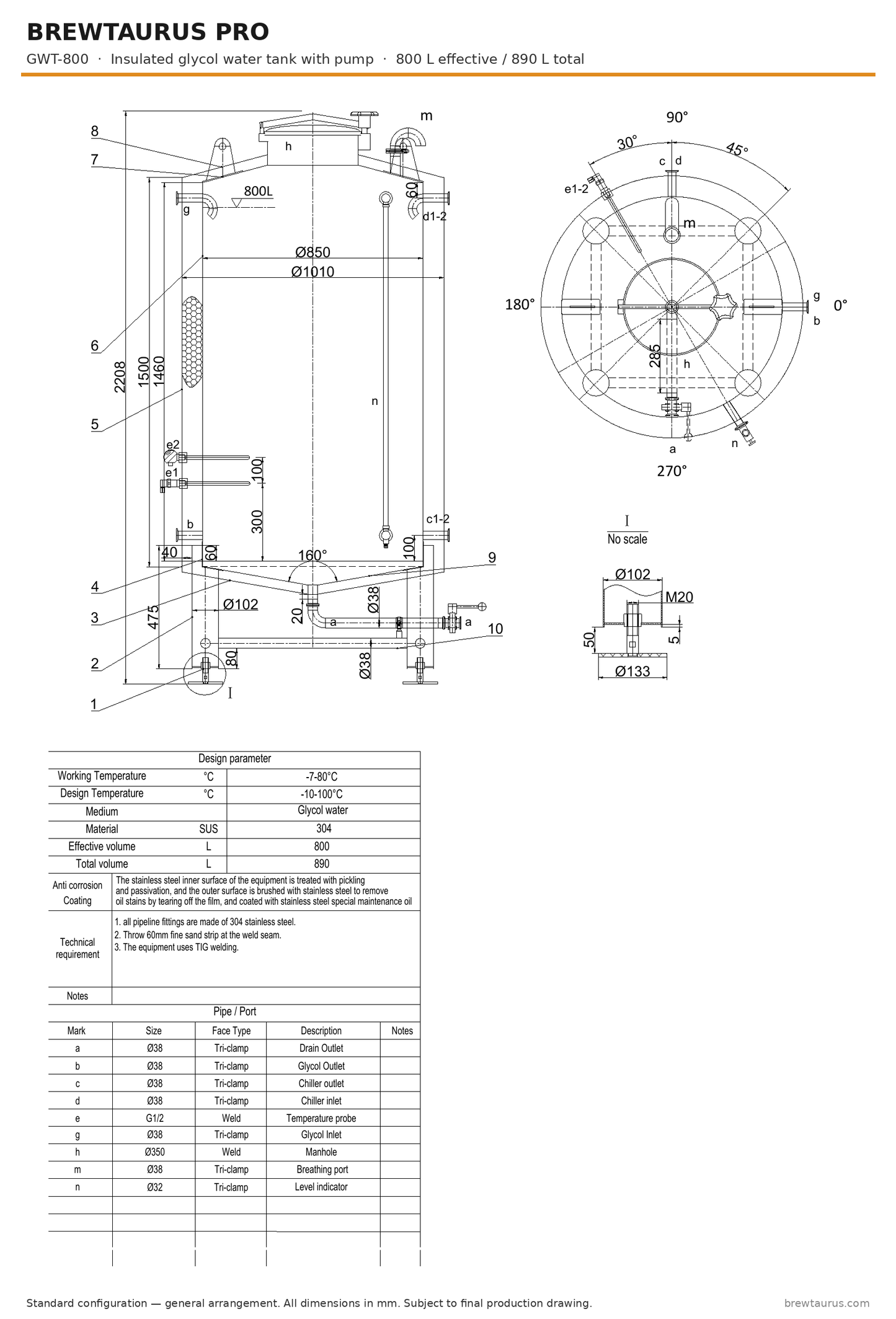 BrewTaurus PRO GWT-800 insulated glycol water tank with pump — general arrangement drawing, 800 L