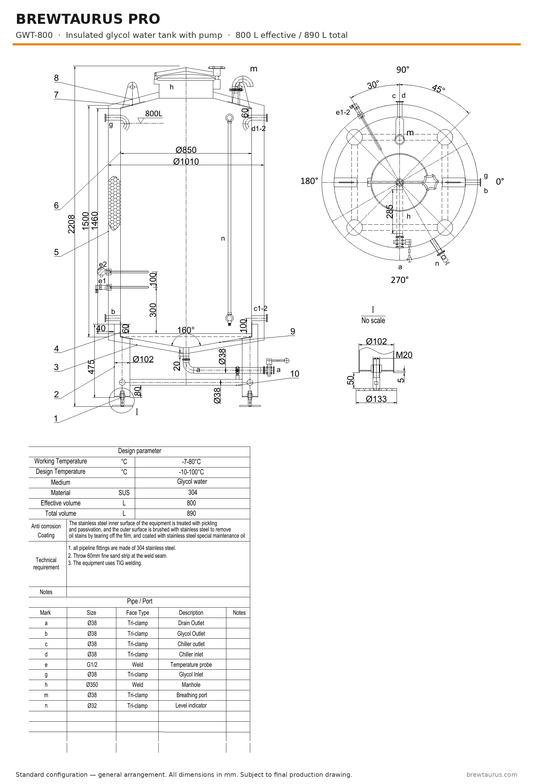 BrewTaurus PRO GWT-800 insulated glycol water tank with pump — general arrangement drawing, 800 L