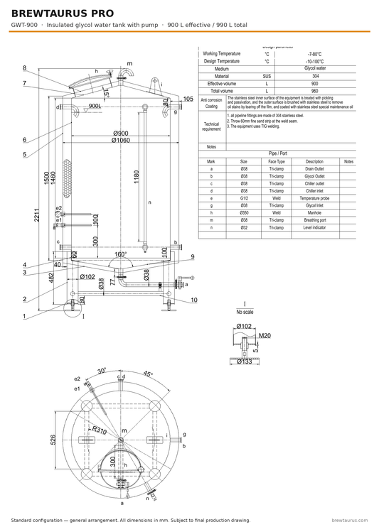 BrewTaurus PRO GWT-900 insulated glycol water tank with pump — general arrangement drawing, 900 L