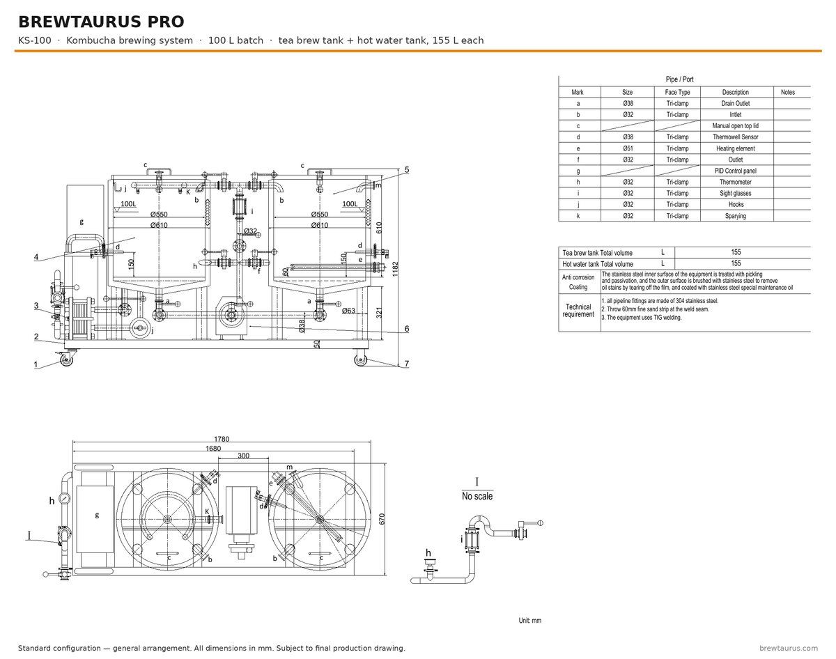 BrewTaurus PRO KS-100 kombucha brewing system — general arrangement drawing, 100 L batch