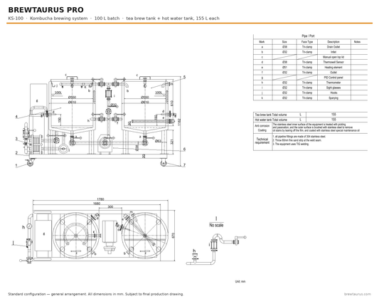 BrewTaurus PRO KS-100 kombucha brewing system — general arrangement drawing, 100 L batch