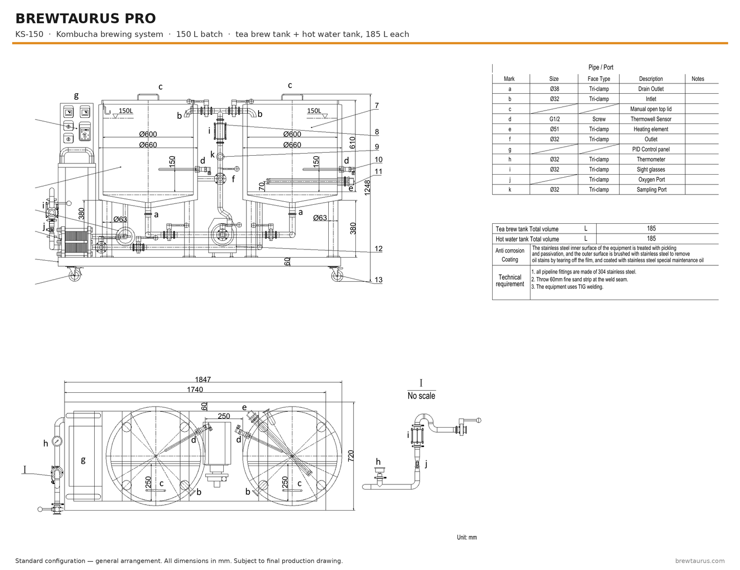 BrewTaurus PRO KS-150 kombucha brewing system — general arrangement drawing, 150 L batch