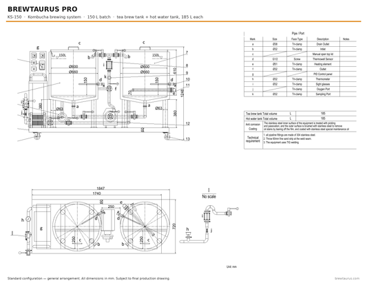 BrewTaurus PRO KS-150 kombucha brewing system — general arrangement drawing, 150 L batch