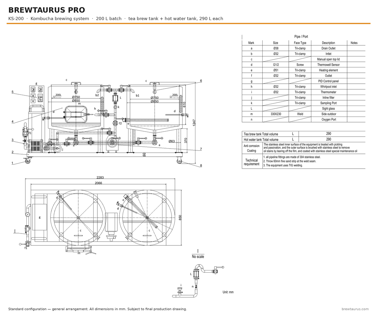 BrewTaurus PRO KS-200 kombucha brewing system — general arrangement drawing, 200 L batch