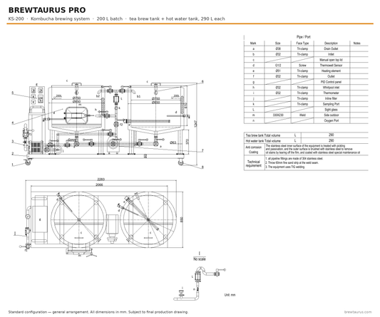 BrewTaurus PRO KS-200 kombucha brewing system — general arrangement drawing, 200 L batch
