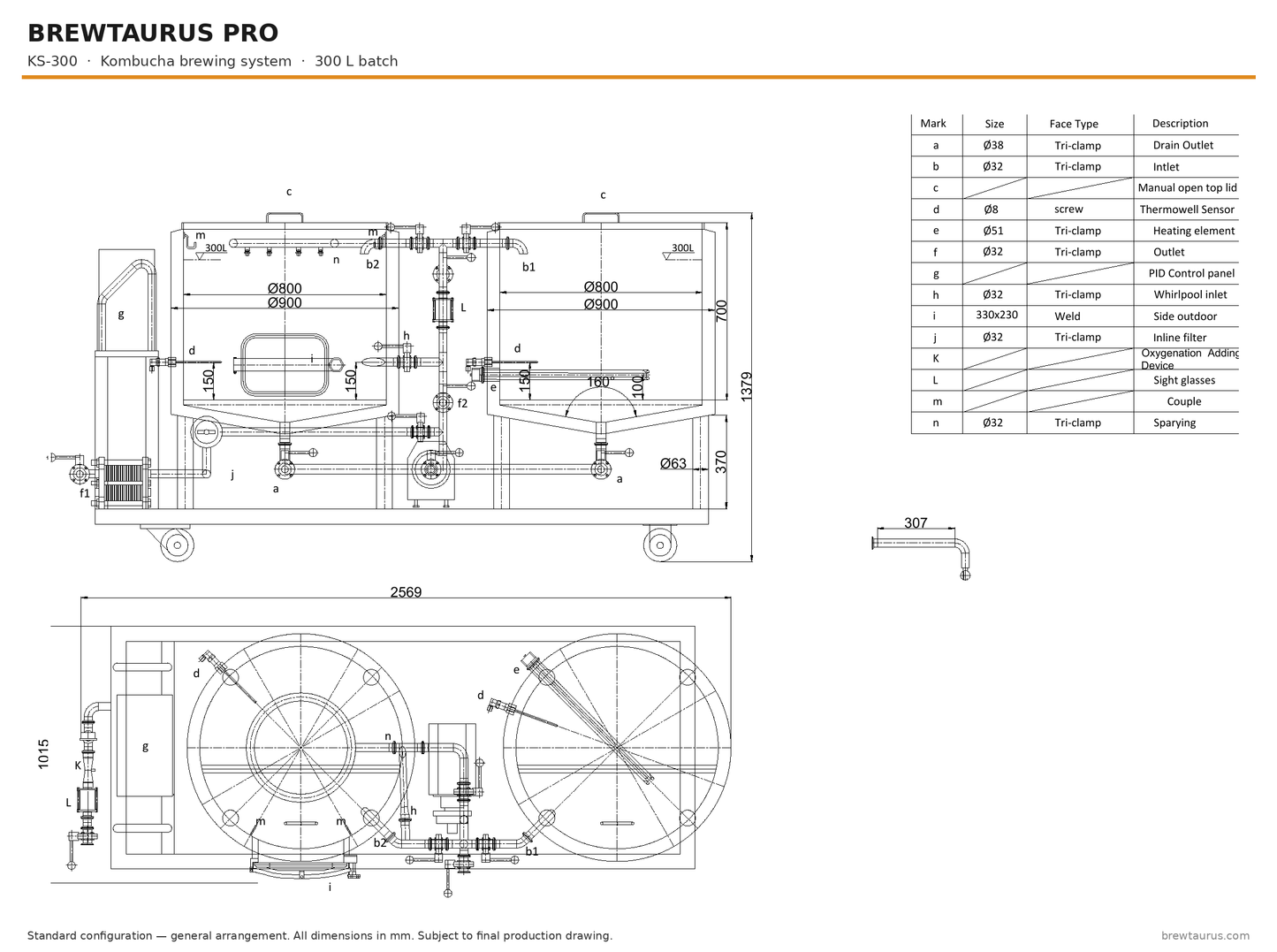 BrewTaurus PRO KS-300 kombucha brewing system — general arrangement drawing, 300 L batch