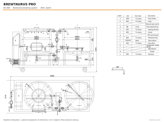 BrewTaurus PRO KS-300 kombucha brewing system — general arrangement drawing, 300 L batch