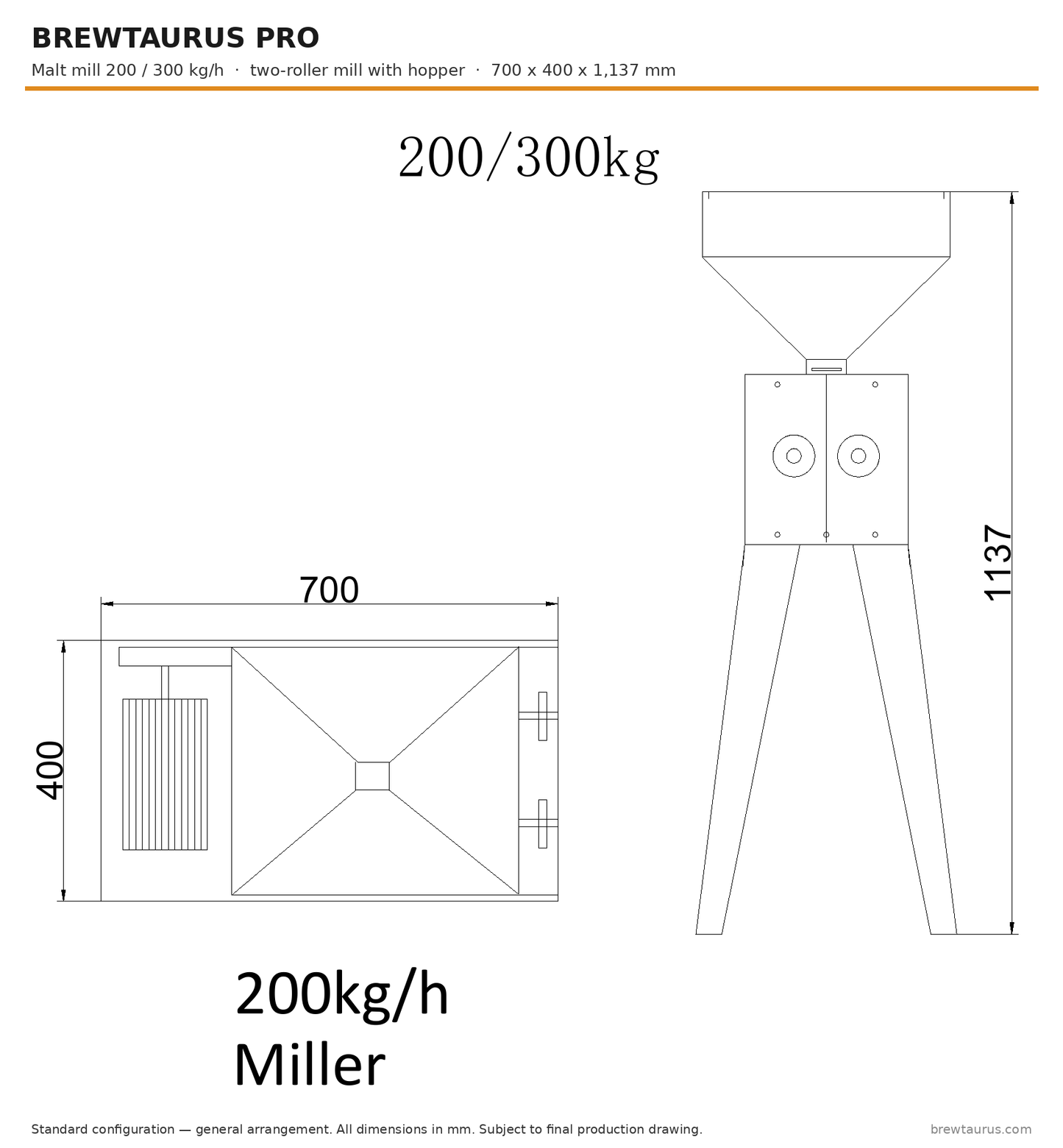 BrewTaurus PRO MM-100 two-roller malt mill with hopper — dimension drawing