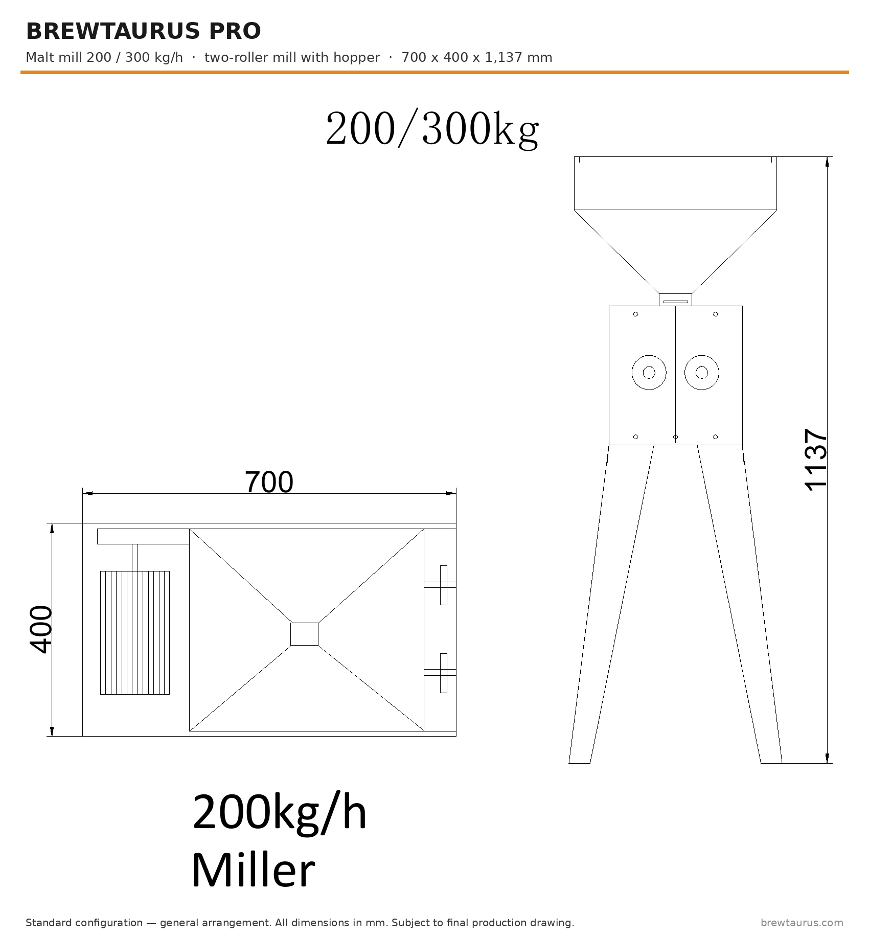 BrewTaurus PRO MM-100 two-roller malt mill with hopper — dimension drawing