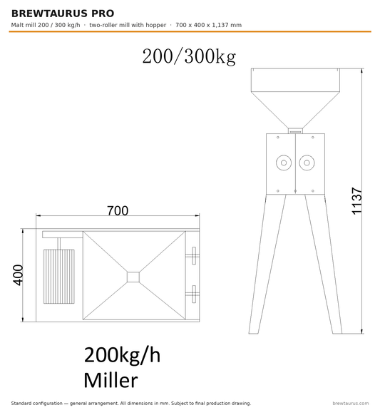 BrewTaurus PRO MM-100 two-roller malt mill with hopper — dimension drawing