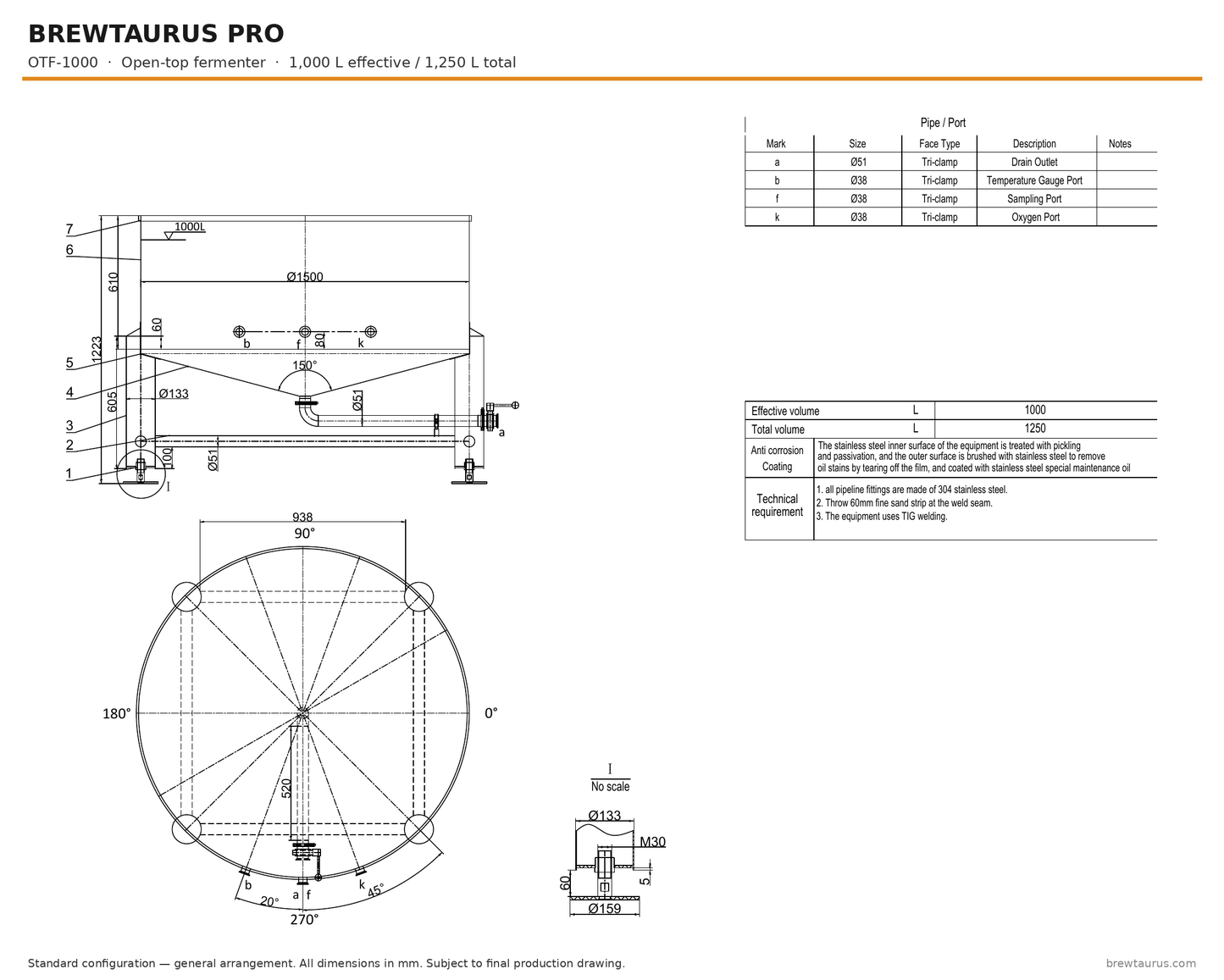 BrewTaurus PRO OTF-1000 open-top fermenter — general arrangement drawing, 1,000/1,250 L