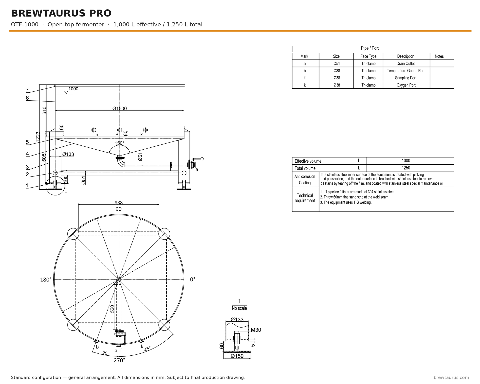 BrewTaurus PRO OTF-1000 open-top fermenter — general arrangement drawing, 1,000/1,250 L