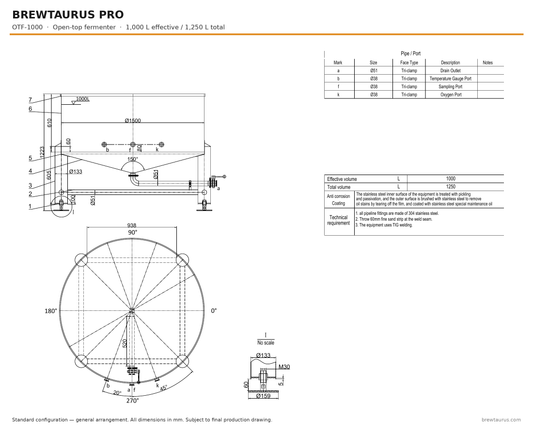 BrewTaurus PRO OTF-1000 open-top fermenter — general arrangement drawing, 1,000/1,250 L