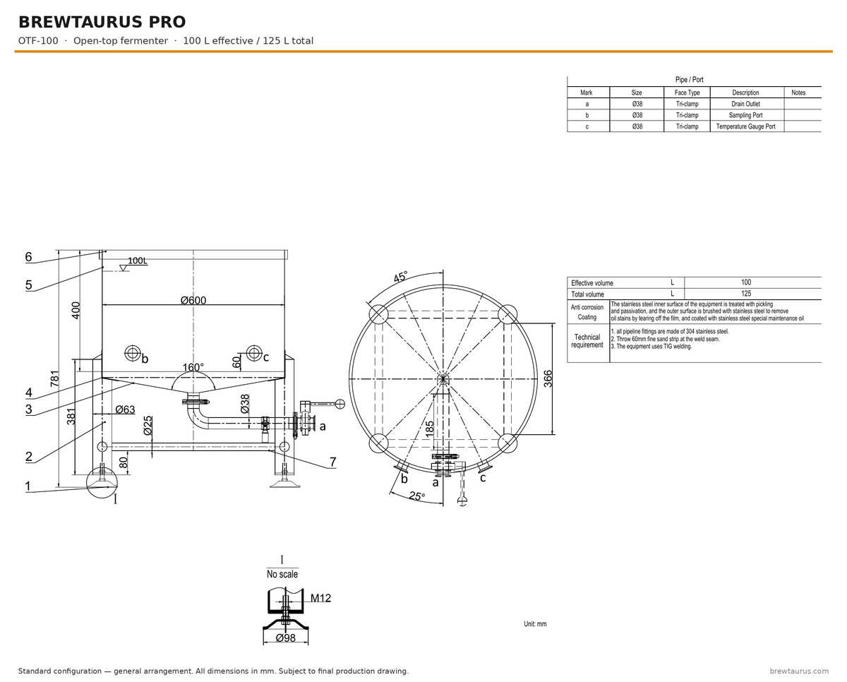BrewTaurus PRO OTF-100 open-top fermenter — general arrangement drawing, 100/125 L