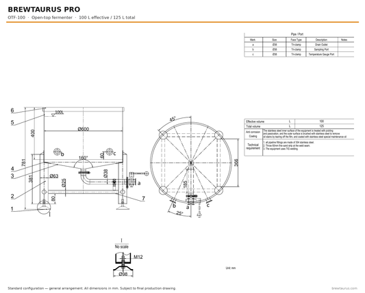 BrewTaurus PRO OTF-100 open-top fermenter — general arrangement drawing, 100/125 L