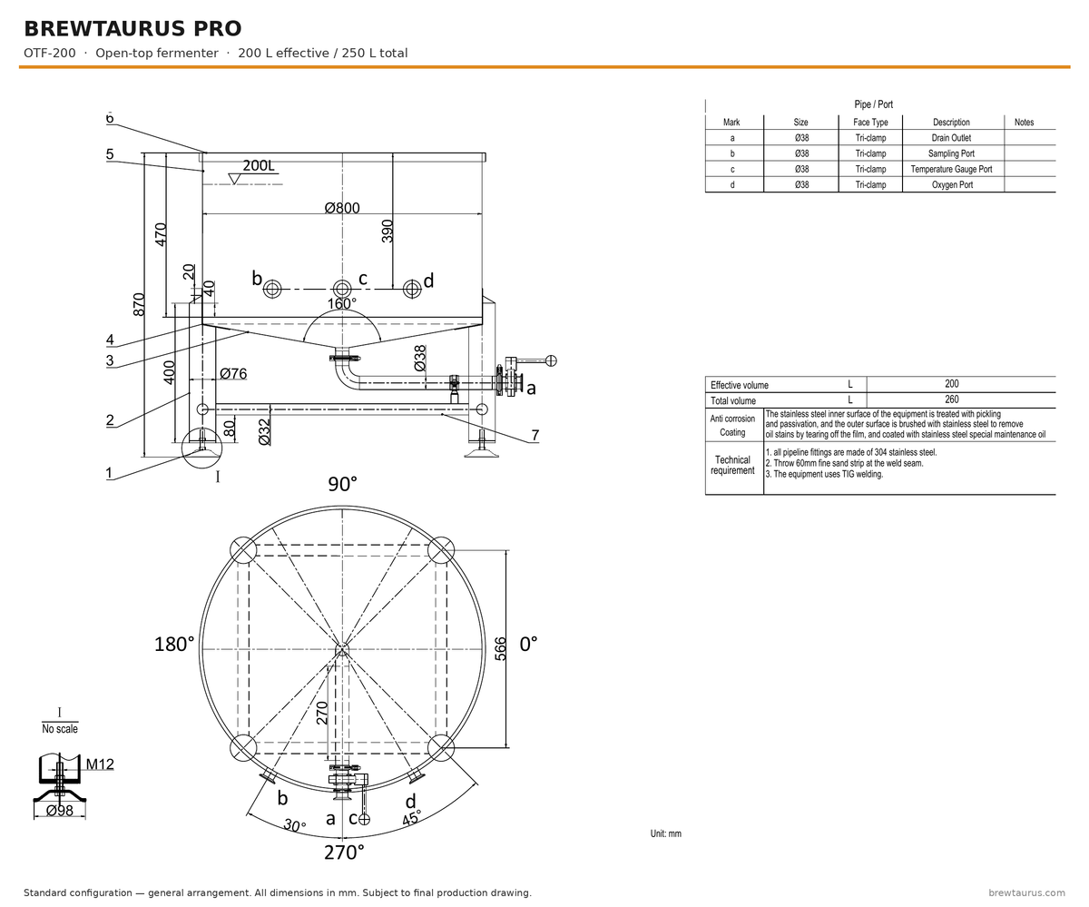 BrewTaurus PRO OTF-200 open-top fermenter — general arrangement drawing, 200/250 L