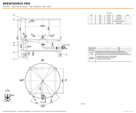 BrewTaurus PRO OTF-200 open-top fermenter — general arrangement drawing, 200/250 L