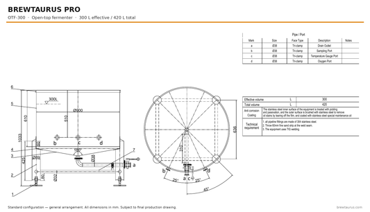 BrewTaurus PRO OTF-300 open-top fermenter — general arrangement drawing, 300/420 L