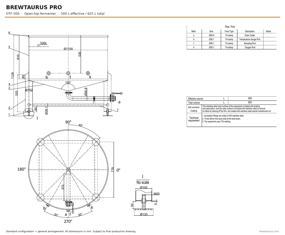 BrewTaurus PRO OTF-500 open-top fermenter — general arrangement drawing, 500/625 L