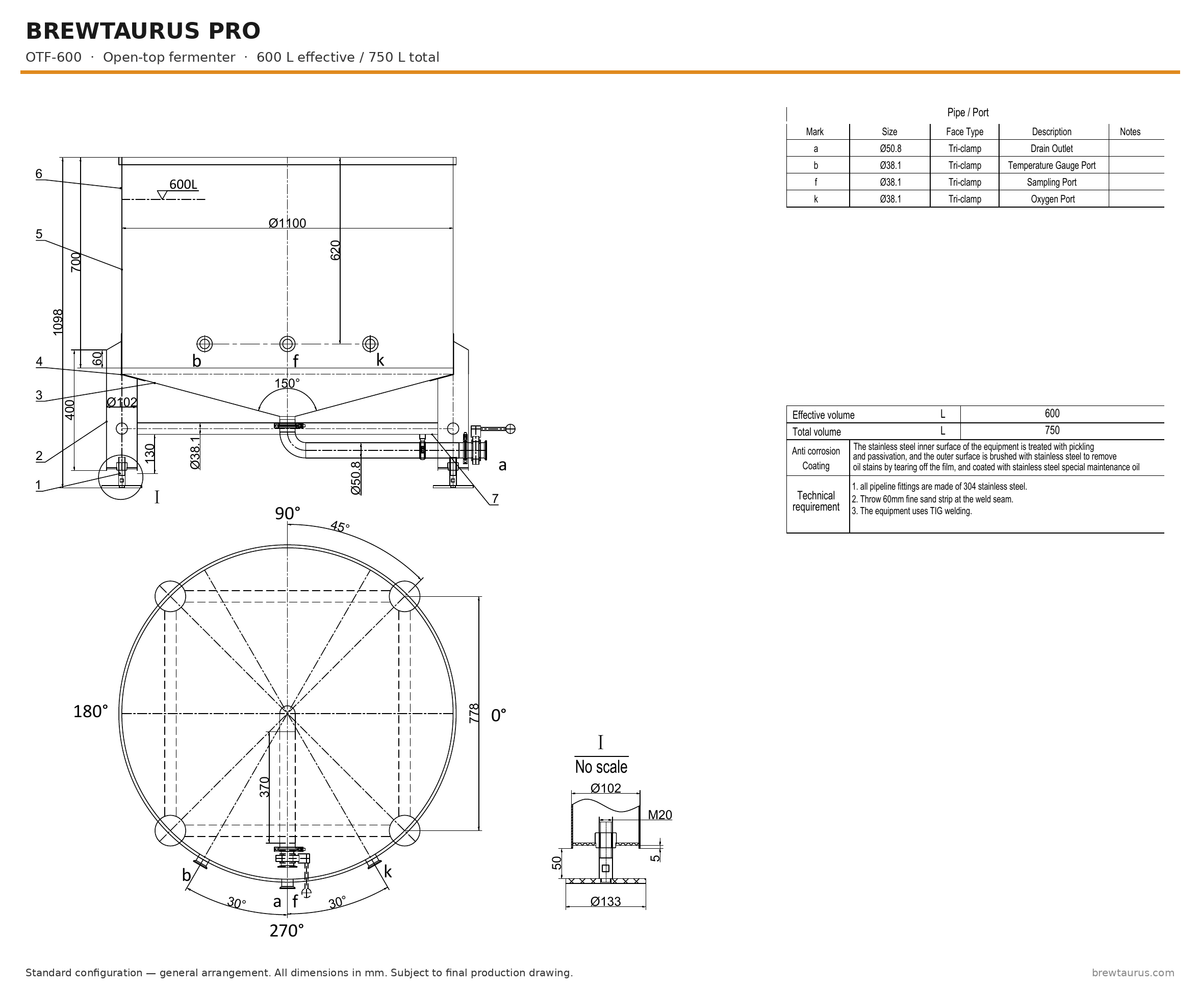 BrewTaurus PRO OTF-600 open-top fermenter — general arrangement drawing, 600/750 L