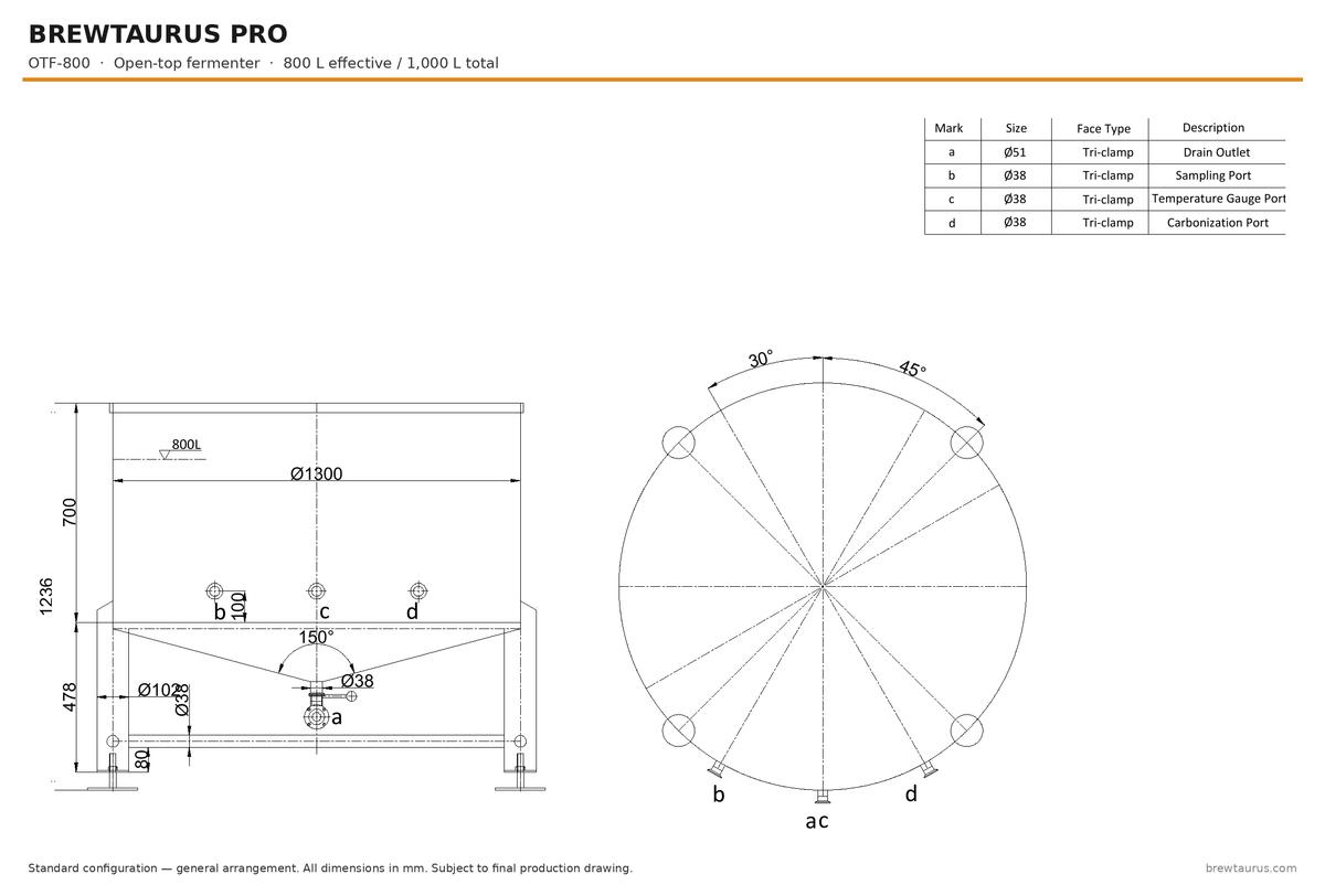 BrewTaurus PRO OTF-800 open-top fermenter — general arrangement drawing, 800/1,000 L