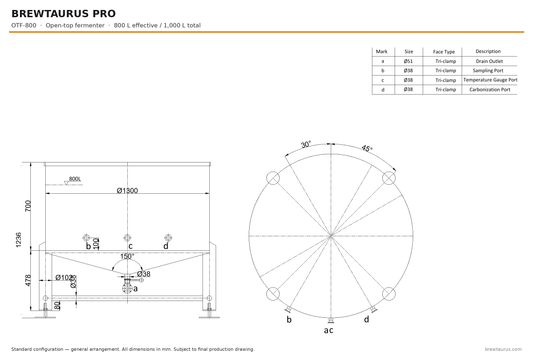 BrewTaurus PRO OTF-800 open-top fermenter — general arrangement drawing, 800/1,000 L