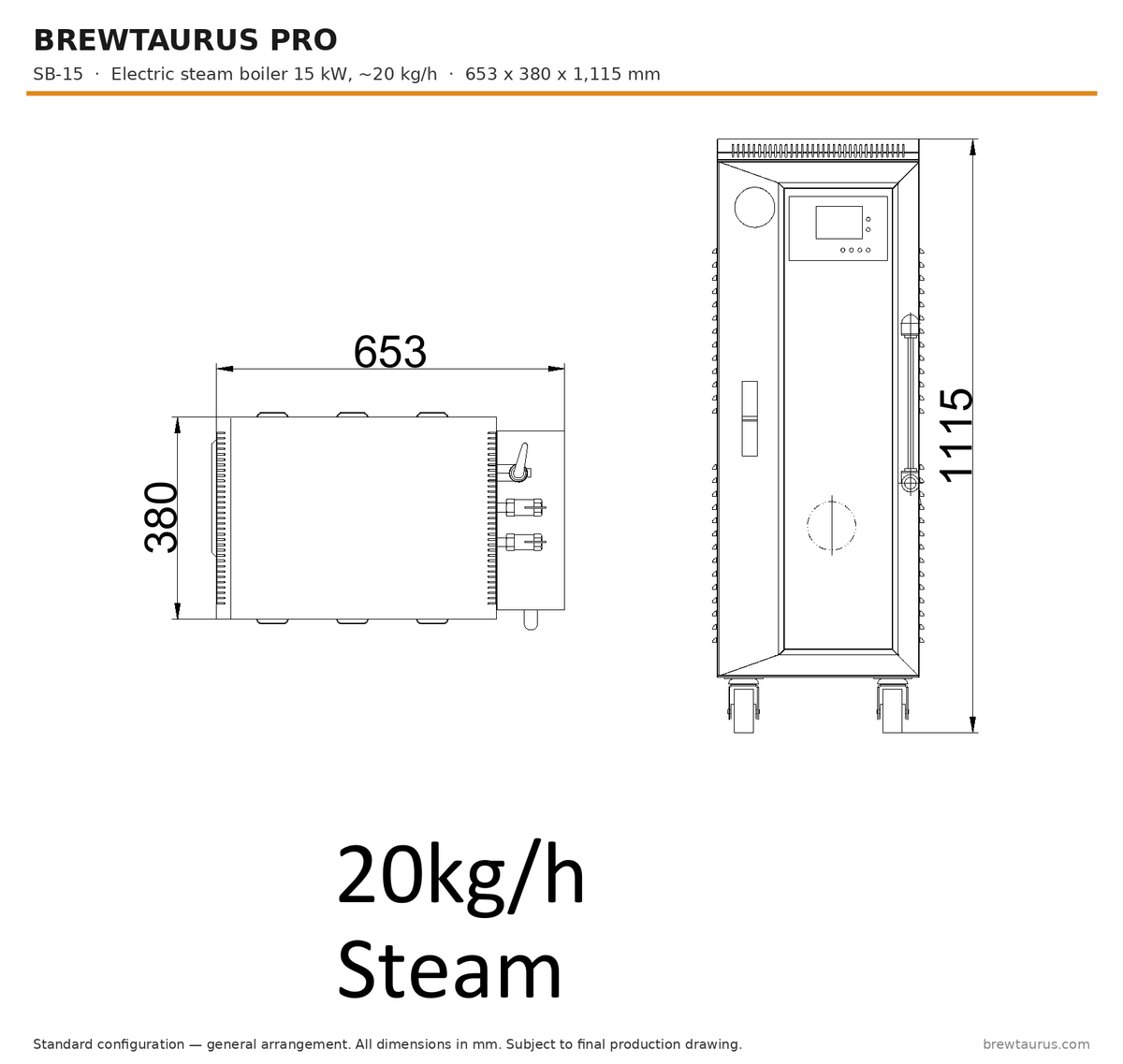 BrewTaurus PRO SB-15 electric steam boiler 15 kW — dimension drawing