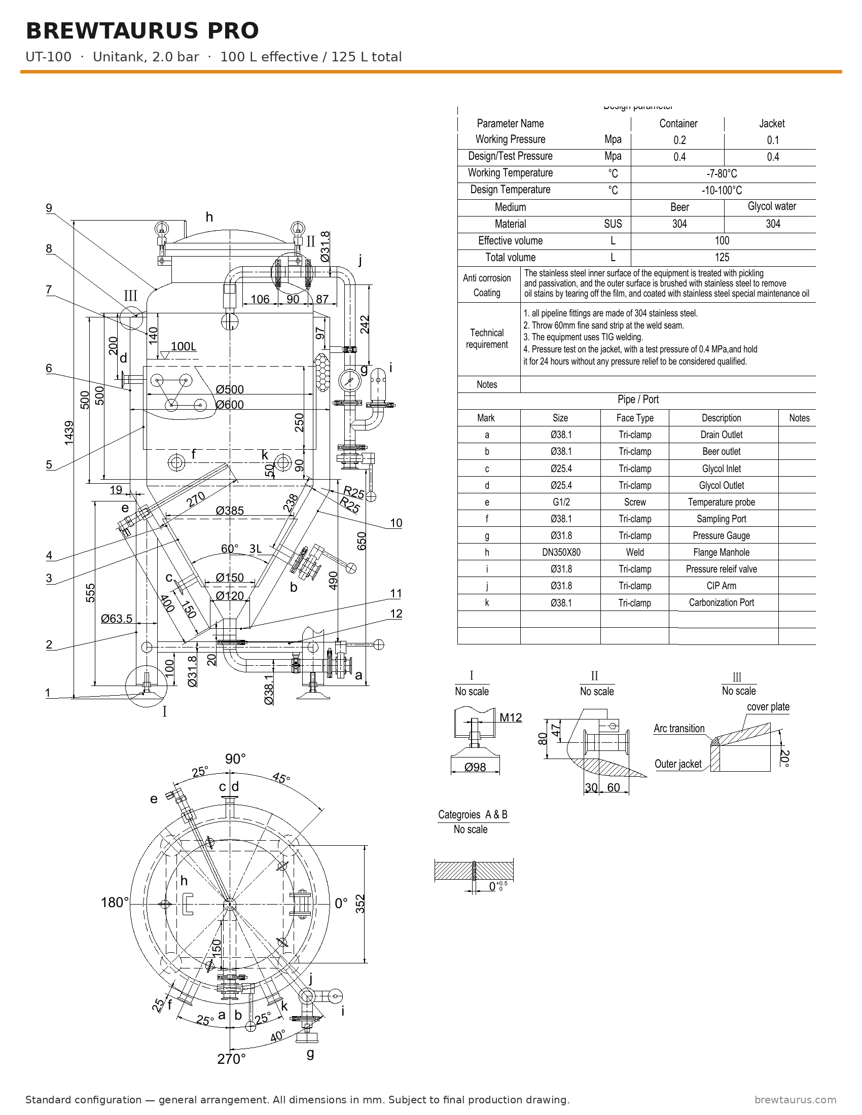 BrewTaurus PRO UT-100 unitank — general arrangement drawing with port map, 100/125 L, 2.0 bar