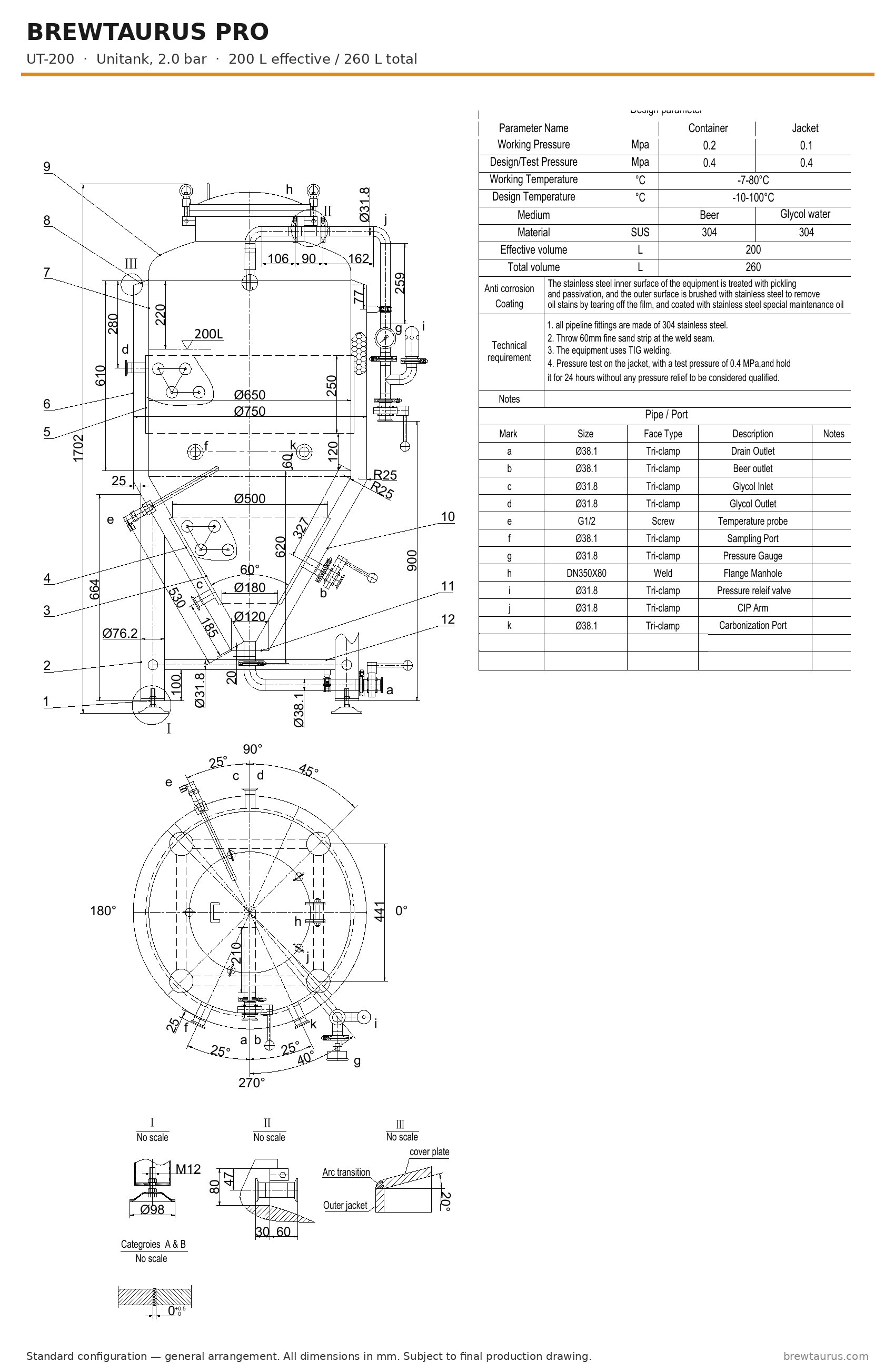 BrewTaurus PRO UT-200 unitank — general arrangement drawing with port map, 200/260 L, 2.0 bar