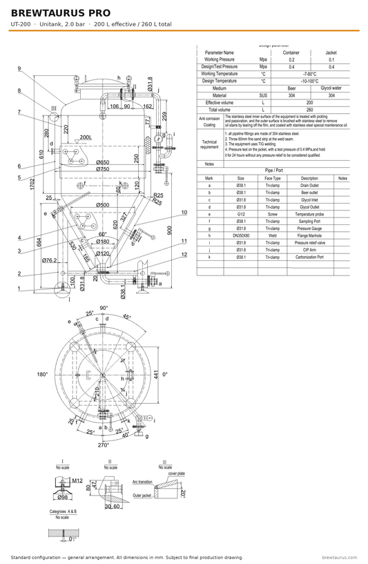 BrewTaurus PRO UT-200 unitank — general arrangement drawing with port map, 200/260 L, 2.0 bar