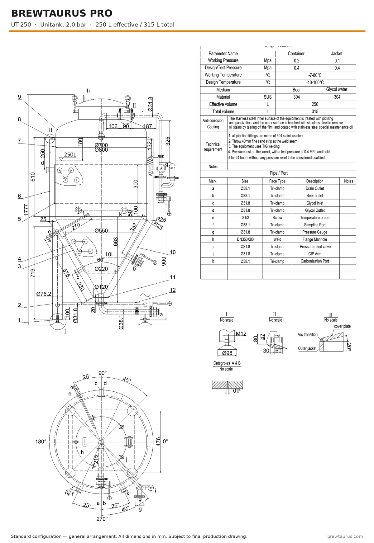 BrewTaurus PRO UT-250 unitank — general arrangement drawing with port map, 250/315 L, 2.0 bar