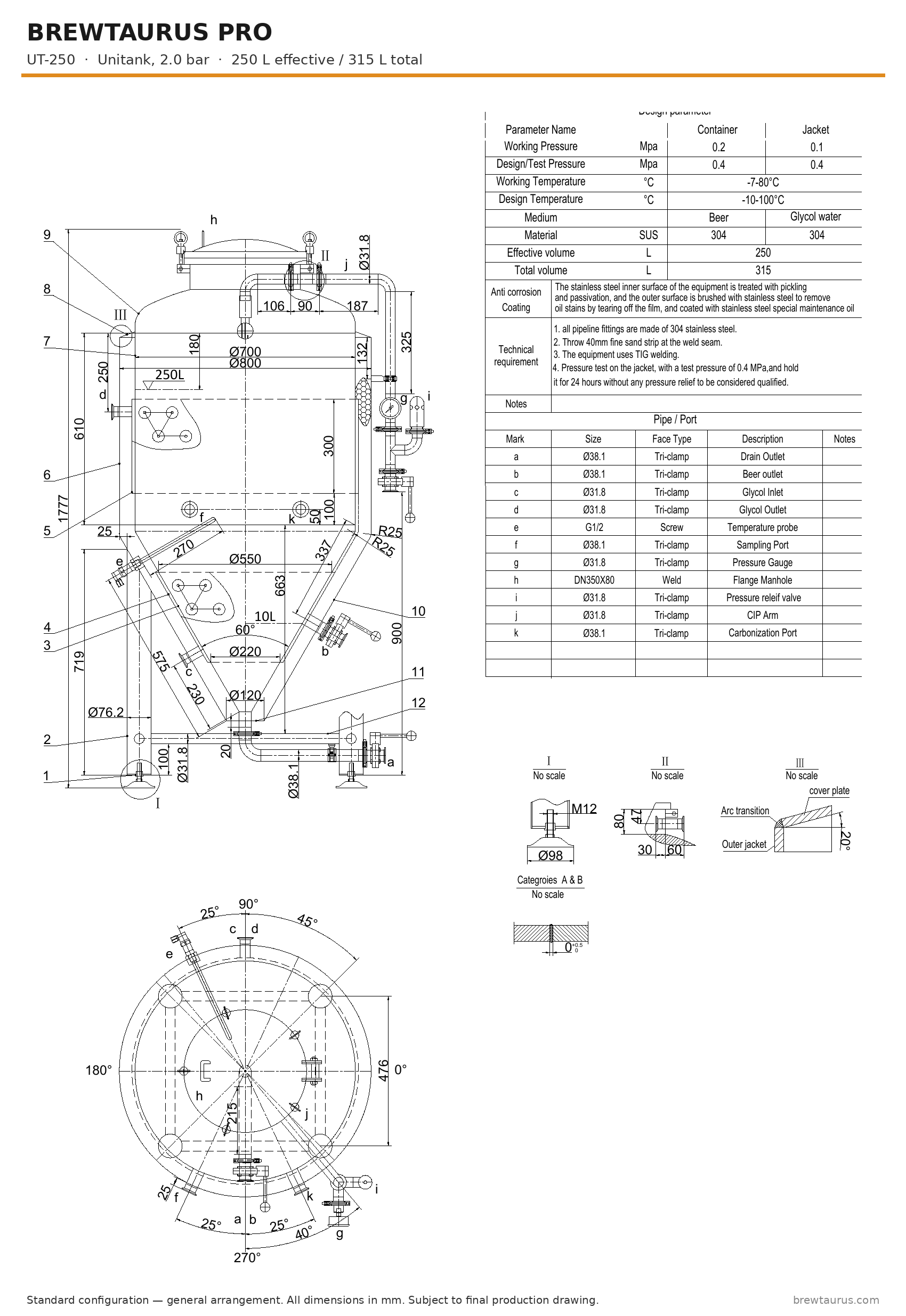 BrewTaurus PRO UT-250 unitank — general arrangement drawing with port map, 250/315 L, 2.0 bar
