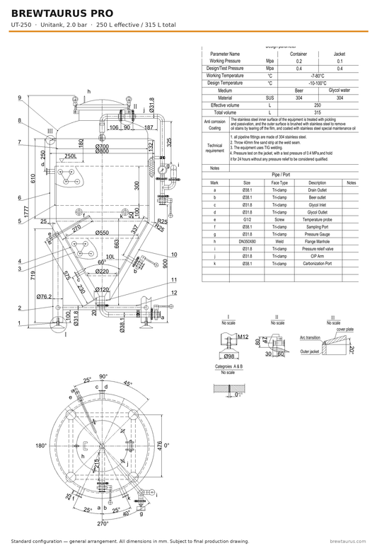 BrewTaurus PRO UT-250 unitank — general arrangement drawing with port map, 250/315 L, 2.0 bar
