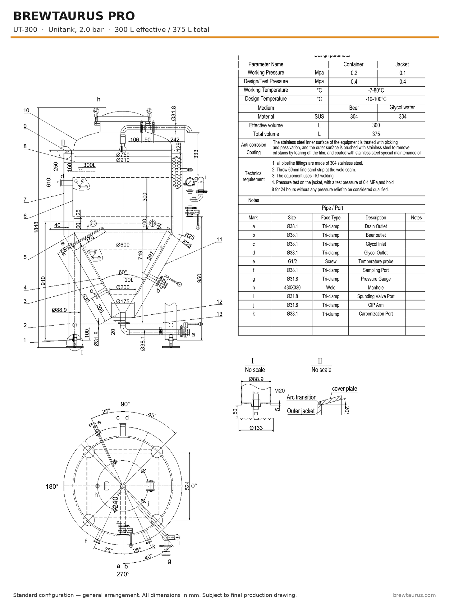 BrewTaurus PRO UT-300 unitank — general arrangement drawing with port map, 300/375 L, 2.0 bar