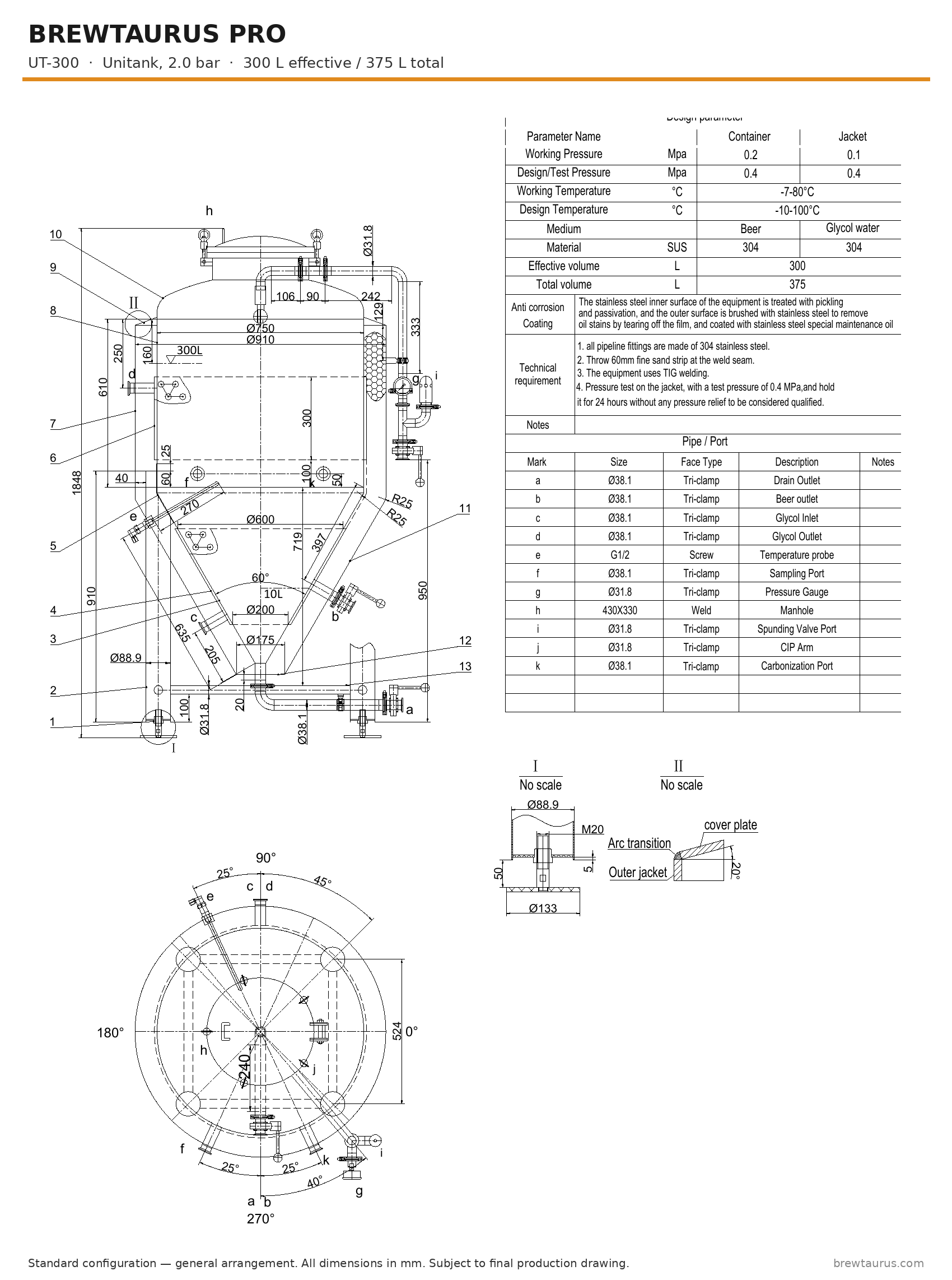 BrewTaurus PRO UT-300 unitank — general arrangement drawing with port map, 300/375 L, 2.0 bar