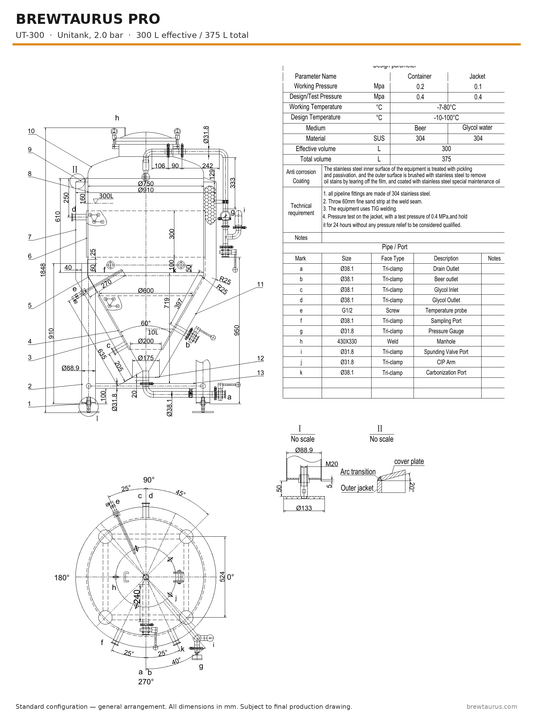BrewTaurus PRO UT-300 unitank — general arrangement drawing with port map, 300/375 L, 2.0 bar