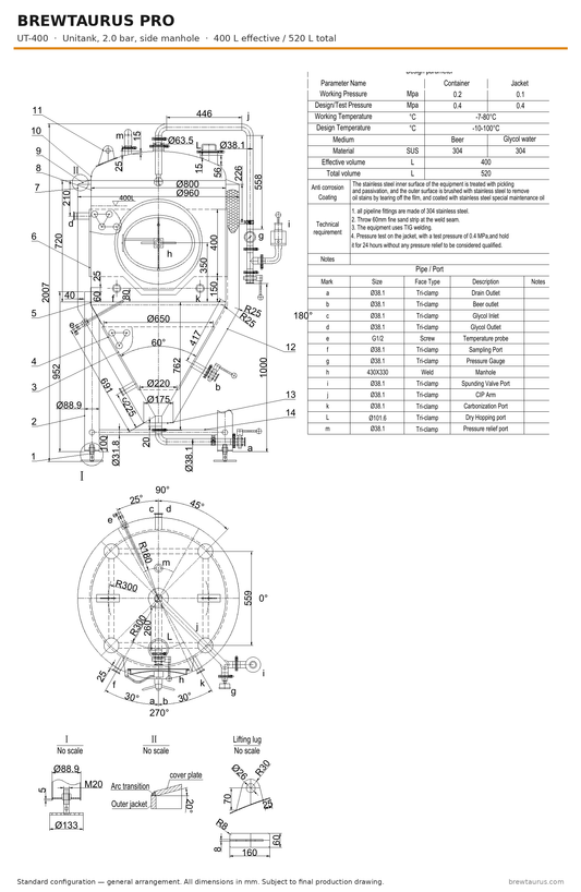 BrewTaurus PRO UT-400 unitank with side manhole — general arrangement drawing, 400/520 L, 2.0 bar